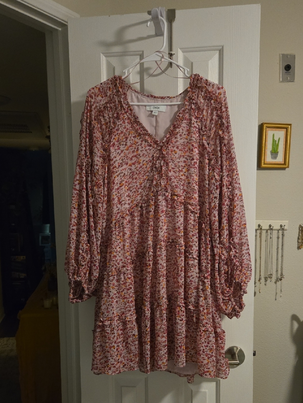 CeCe Time To Shine  Dusty  Pink Floral V-Neck Long Sleeve Tiered Dress-12